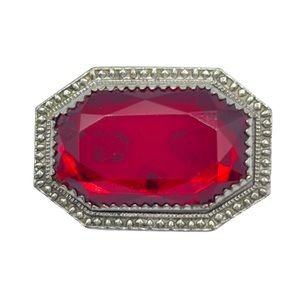 Victorian Edwardian Oversized Ruby Czech Glass Silver Sash Brooch Pin C Clasp